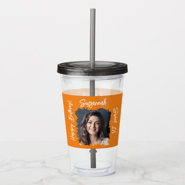 Custom Photo 16th Happy Birthday Orange Template Acrylic Tumbler (Front)