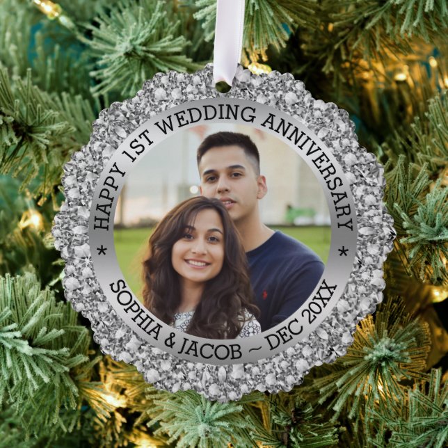 Custom Photo 1st Anniversary Wedding Anniversary  Tree Decoration Card (Insitu (Tree))