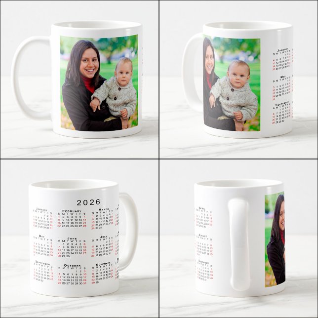 Custom Photo 2026 Calendar Red Weekends Coffee Mug (Custom Photo 2026 Calendar Red Weekends Coffee Mug, multiple views)