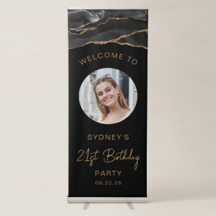 Custom Photo 21st Birthday Black Gold Agate Retractable Banner