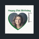 Custom Photo 21st Happy Birthday Party Template Napkin<br><div class="desc">Make any special occasion fun with a heart shaped photo and message on a napkin. Replace the placeholder photograph with your photo. A square photo with subject centred works best. Personalise the template fields, remove text or use the edit design tool to select a font style, size, and colour you...</div>