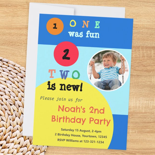 Custom Photo 2nd Birthday Party Invitation (A colorful invitation to a 2nd birthday party. Personalize with a photo and details of the event)
