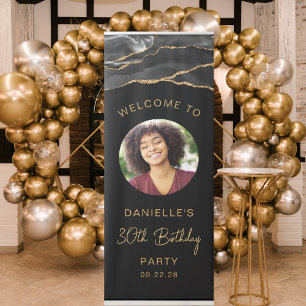 Custom Photo 30th Birthday Black Gold Agate Retractable Banner