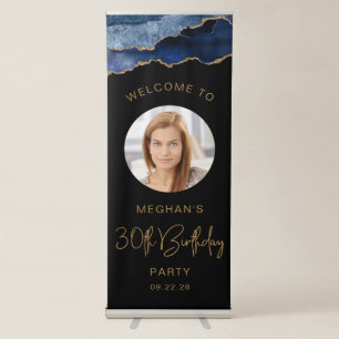 Custom Photo 30th Birthday Navy Blue Gold Agate Retractable Banner
