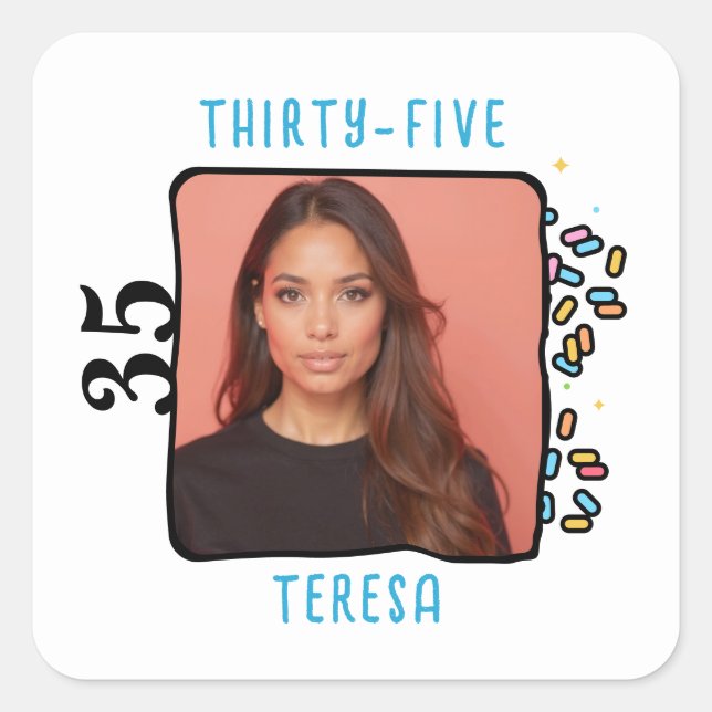 Custom Photo 35th Birthday Party Sprinkles Square Sticker (Front)