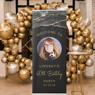 Custom Photo 40th Birthday Black Gold Agate Retractable Banner