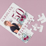 Custom photo 50 and fabulous floral birthday gift jigsaw puzzle<br><div class="desc">Elegant feminine 50 and fabulous birthday personalized keepsake gift with watercolor red burgundy and light dusty blue peony roses bouquets and a modern trendy custom typography script.               Personalize it with your photo,  age,  name,  date and custom text!</div>