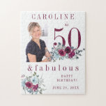 Custom photo 50 and fabulous floral birthday gift jigsaw puzzle<br><div class="desc">Elegant feminine 50 and fabulous birthday personalized keepsake gift with watercolor red burgundy and light dusty blue peony roses bouquets and a modern trendy custom typography script.               Personalize it with your photo,  age,  name,  date and custom text!</div>