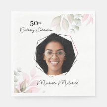 Custom Photo 50th Birthday Floral Paper Napkin