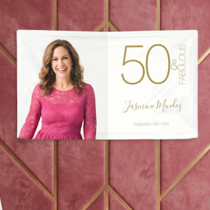 Custom Photo 50th Birthday Gold White 50& Fabulous Banner