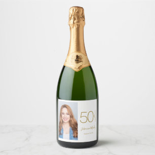 Custom Photo 50th Birthday Gold White 50& Fabulous Sparkling Wine Label