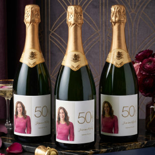 Custom Photo 50th Birthday Gold White 50& Fabulous Sparkling Wine Label