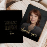 Custom Photo 50th Birthday Party Thank You Card<br><div class="desc">The front of this 50th birthday invitation features the guest of honour's photo with the words "thank you" in elegant gold-coloured calligraphy script overlay. A dark screen helps make the text pop. Customise the reverse side with your personal message in gold-coloured sans serif font and your name in script on...</div>