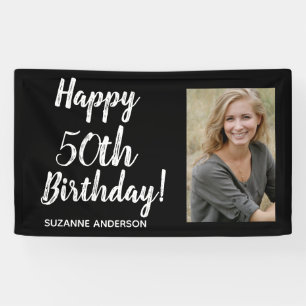 Custom Photo 50th Milestone Black Birthday Banner