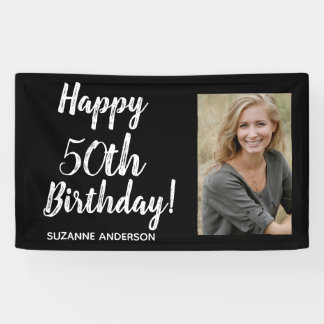 Custom Photo 50th Milestone Black Birthday Banner