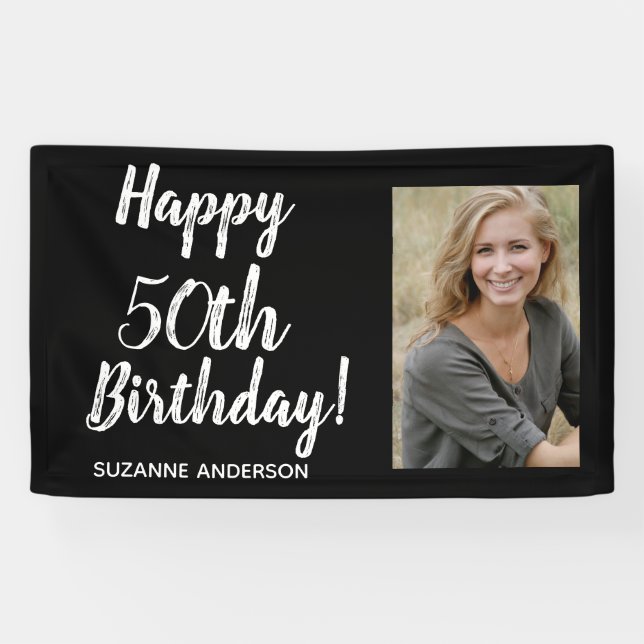 Custom Photo 50th Milestone Black Birthday Banner (Horizontal)