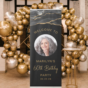 Custom Photo 60th Birthday Black Gold Agate Retractable Banner