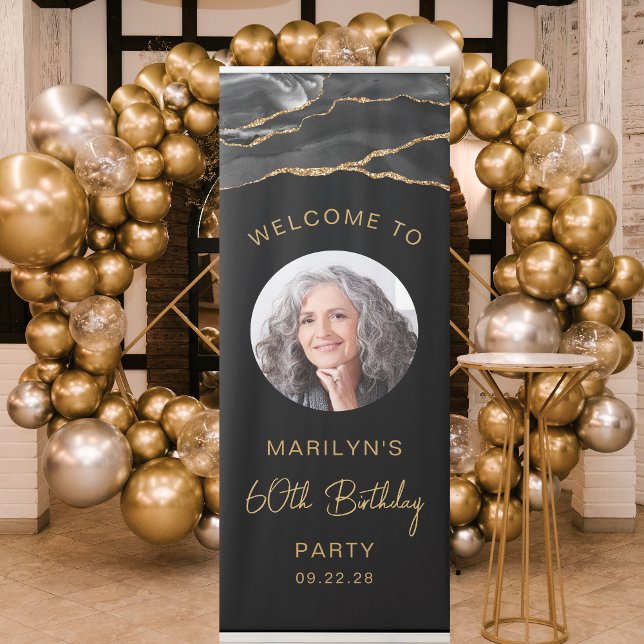 Custom Photo 60th Birthday Black Gold Agate Retractable Banner (Creator Uploaded)