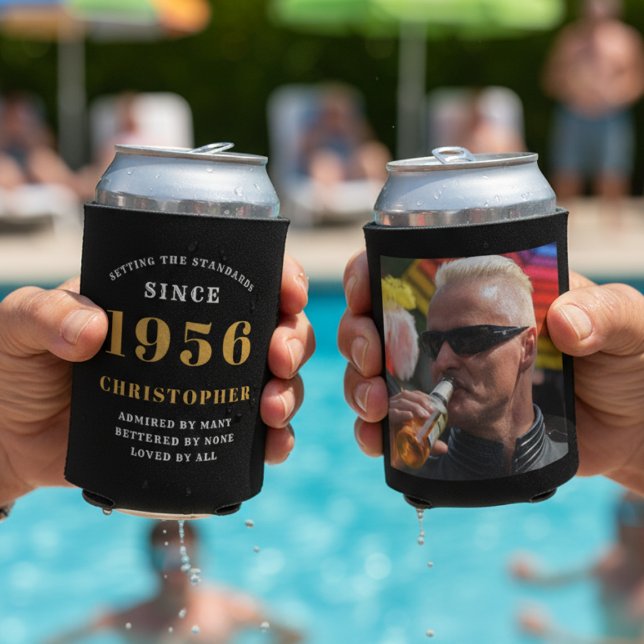 Custom Photo 70th Birthday Black and Gold  Can Cooler (70th birthday can coolers held up at a pool party.)