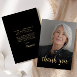 Custom Photo 70th Birthday Party Thank You Card<br><div class="desc">The front of this 70th birthday invitation features the guest of honour's photo with the words "thank you" in elegant gold-coloured calligraphy script overlay. A dark screen helps make the text pop. Customise the reverse side with your personal message in gold-coloured sans serif font and your name in script on...</div>