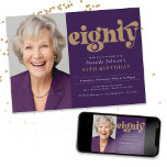 Custom Photo 80th Birthday Party Invitation<br><div class="desc">Custom Photo 80th Birthday Party Invitation. Step into the spotlight and celebrate your milestone birthday in grandeur with our Elegant Purple and Gold Collection, featuring a touch of personalisation with Custom Photo options. Adorned in regal purple and shimmering gold, our collection offers simple yet sophisticated decor to elevate your special...</div>