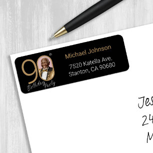 Custom Photo 90th Birthday Black Gold Elegant 