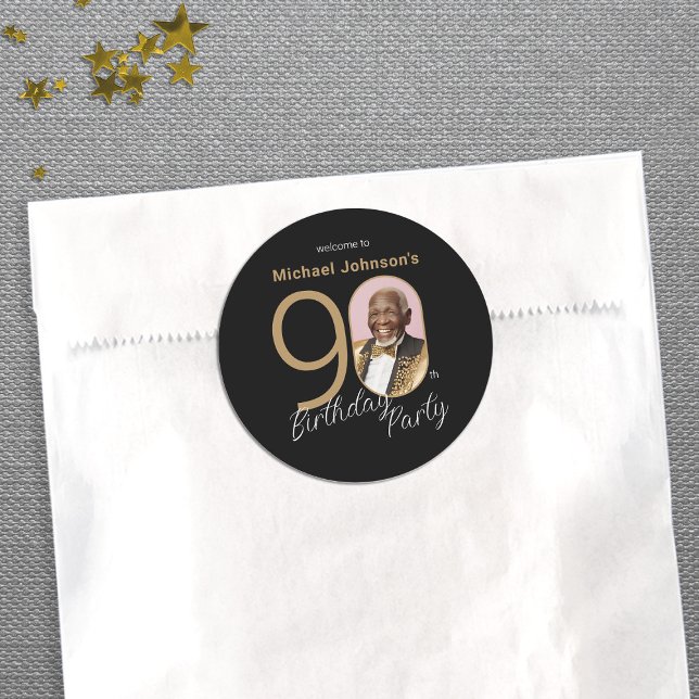 Custom Photo 90th Birthday Black Gold Elegant  Classic Round Sticker (Custom Photo 90th Birthday Black Gold Elegant Classic Round Sticker)
