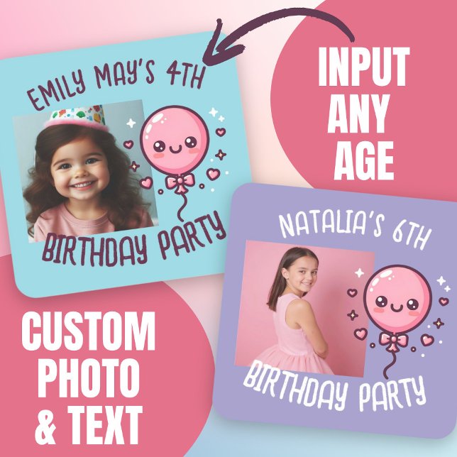 Custom Photo Add Name Cute Birthday Balloon  Square Sticker (Custom Photo Add Name Cute Birthday Balloon Square Sticker.)