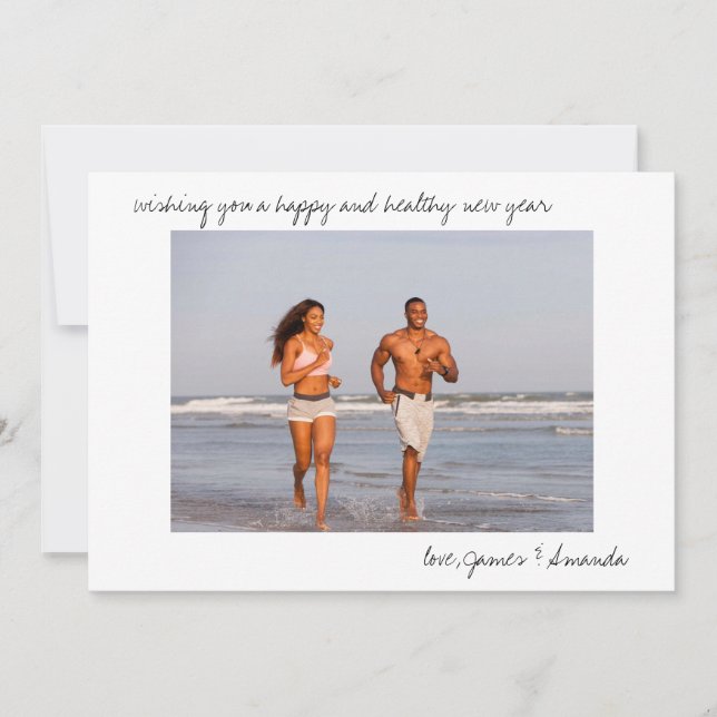 Custom Photo and Casual Script Minimal New Year Holiday Card (Front)