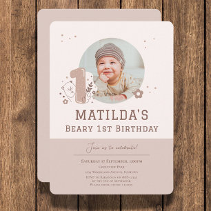 Custom Photo and Cute Bear 1st Birthday invitation