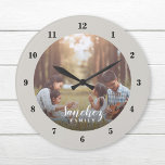 Custom Photo and Family Name Personalised Large Clock<br><div class="desc">Create a special one of a kind round or square wall clock personalised with your photo and family name monogram. The design features simple modern black and white fonts, or use the design tools to choose any fonts and colours to match your own home decor style. A custom clock is...</div>