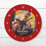 Custom Photo and Family Name Personalised Large Clock<br><div class="desc">Create a special one of a kind round or square wall clock personalised with your photo and family name monogram. The design features simple modern red and white colours, or use the design tools to choose any fonts and colours to match your own home decor style. A custom clock is...</div>