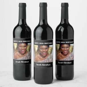 Custom Photo and Name 40th Happy Birthday Party Wine Label