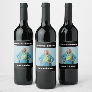 Custom Photo and Name 80th Happy Birthday Party Wine Label