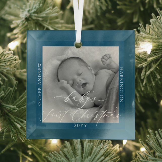 Custom Photo and Name Baby's First Christmas Blue Glass Tree Decoration (Insitu)