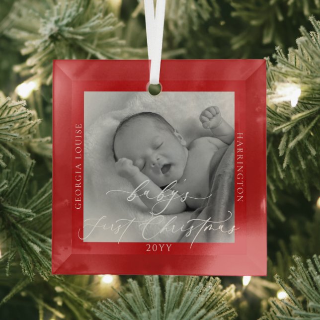 Custom Photo and Name Baby's First Christmas Red Glass Tree Decoration (Insitu)