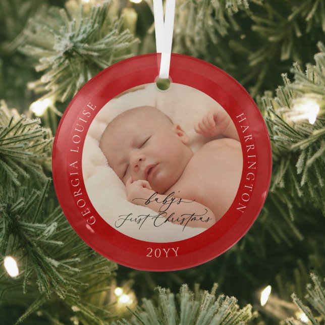 Custom Photo and Name Baby's First Christmas Red Glass Tree Decoration (Insitu)
