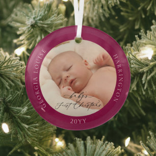 Custom Photo and Name Baby's First Christmas Ruby Glass Tree Decoration