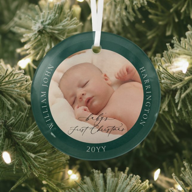Custom Photo and Name Baby's First Green Christmas Glass Tree Decoration (Insitu)
