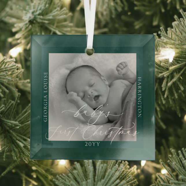 Custom Photo and Name Baby's First Green Christmas Glass Tree Decoration (Insitu)