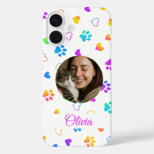 Custom Photo and Name Colorfu Paw Prints  iPhone 16 Case