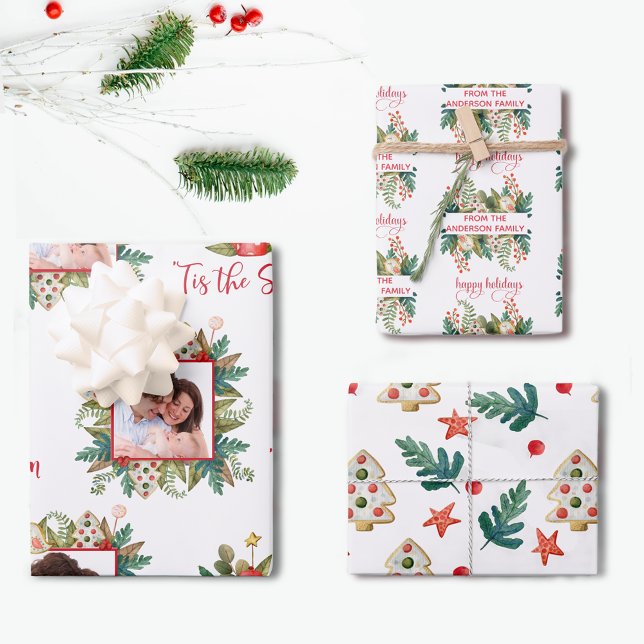 Custom Photo and Name Festive Greenery and Cookies Wrapping Paper Sheet (Creator Uploaded)