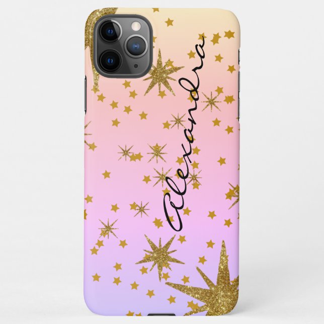 Custom photo and name sparkles golden stars girly  iPhone case (Back)