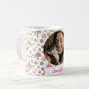 Custom Photo and Name Watercolor Roses & Paw Print Coffee Mug