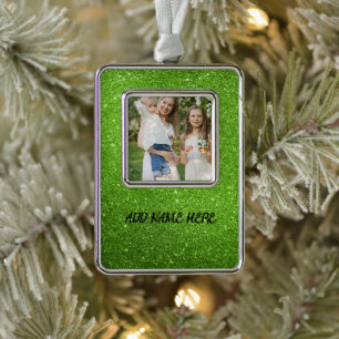 Custom Photo and Text Green Glitter Silver Plated Framed Ornament