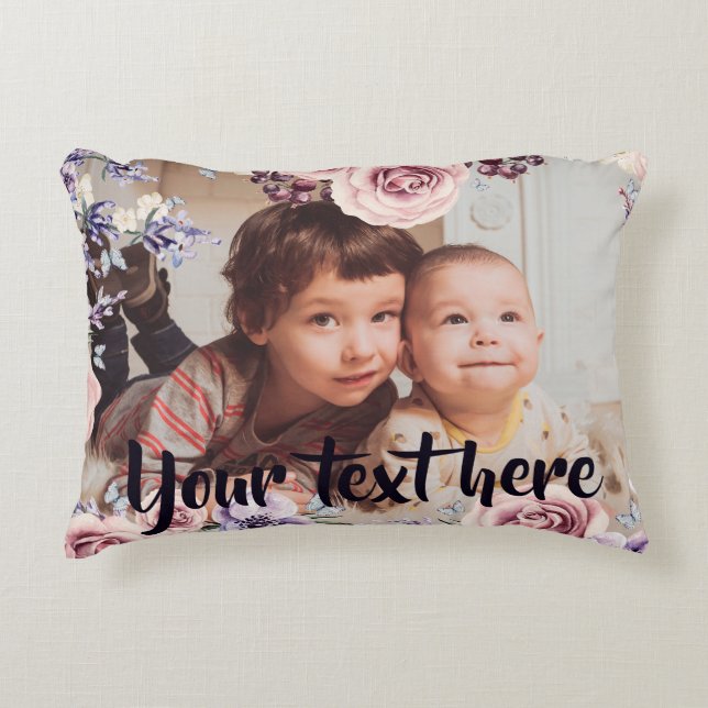 Custom Photo and Text Pink Roses Border Decorative Cushion (Front)
