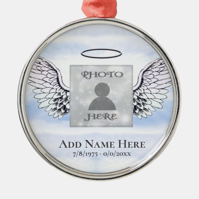 Custom Photo Angel Wings Memorial Ceramic Ornament (Front)