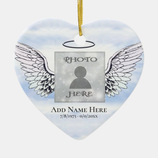 Custom Photo Angel Wings Memorial Ceramic Ornament (Front)