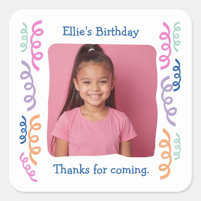 Custom Photo Any Age Birthday Party Streamers Square Sticker (Front)
