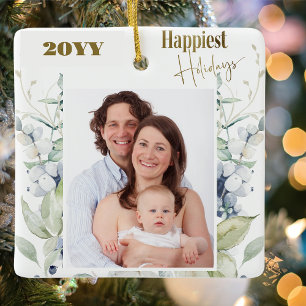 Custom Photo, Any Year, Happiest Holidays Greenery Ceramic Ornament